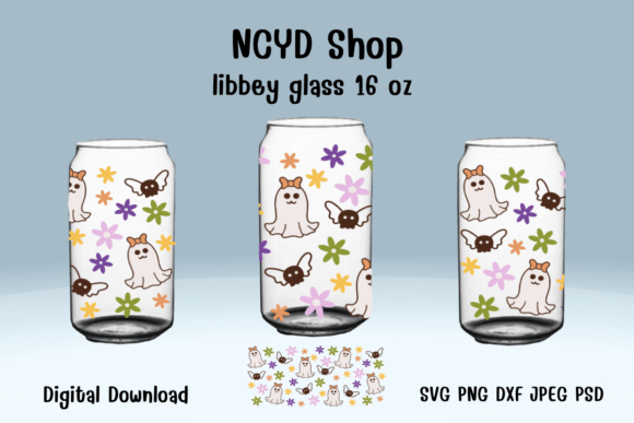 Floral Cute Ghost Libbey Glass 16 Oz