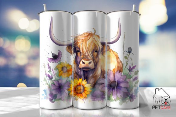 Floral Highland Cow Tumbler PNG
