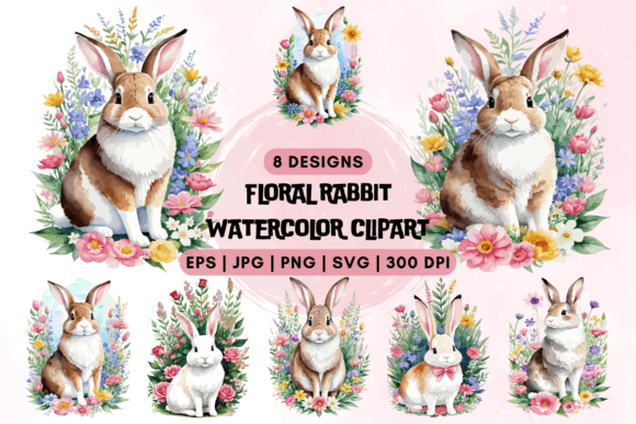 Floral Rabbit Watercolor Clipart