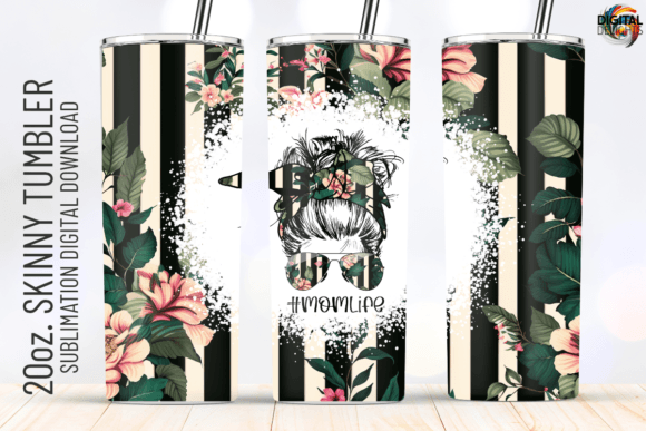 Floral Stripe Mom Life Tumbler Wrap