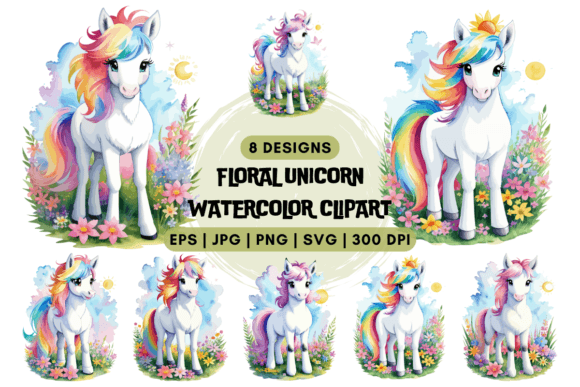 Floral Unicorn Watercolor Clipart