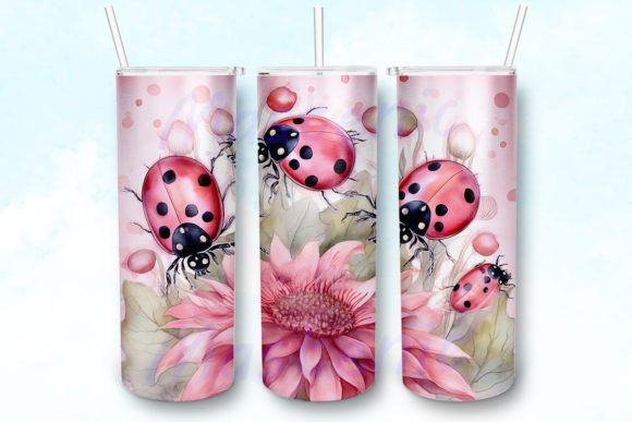 Ladybugs Watercolor Floral Tumbler PNG